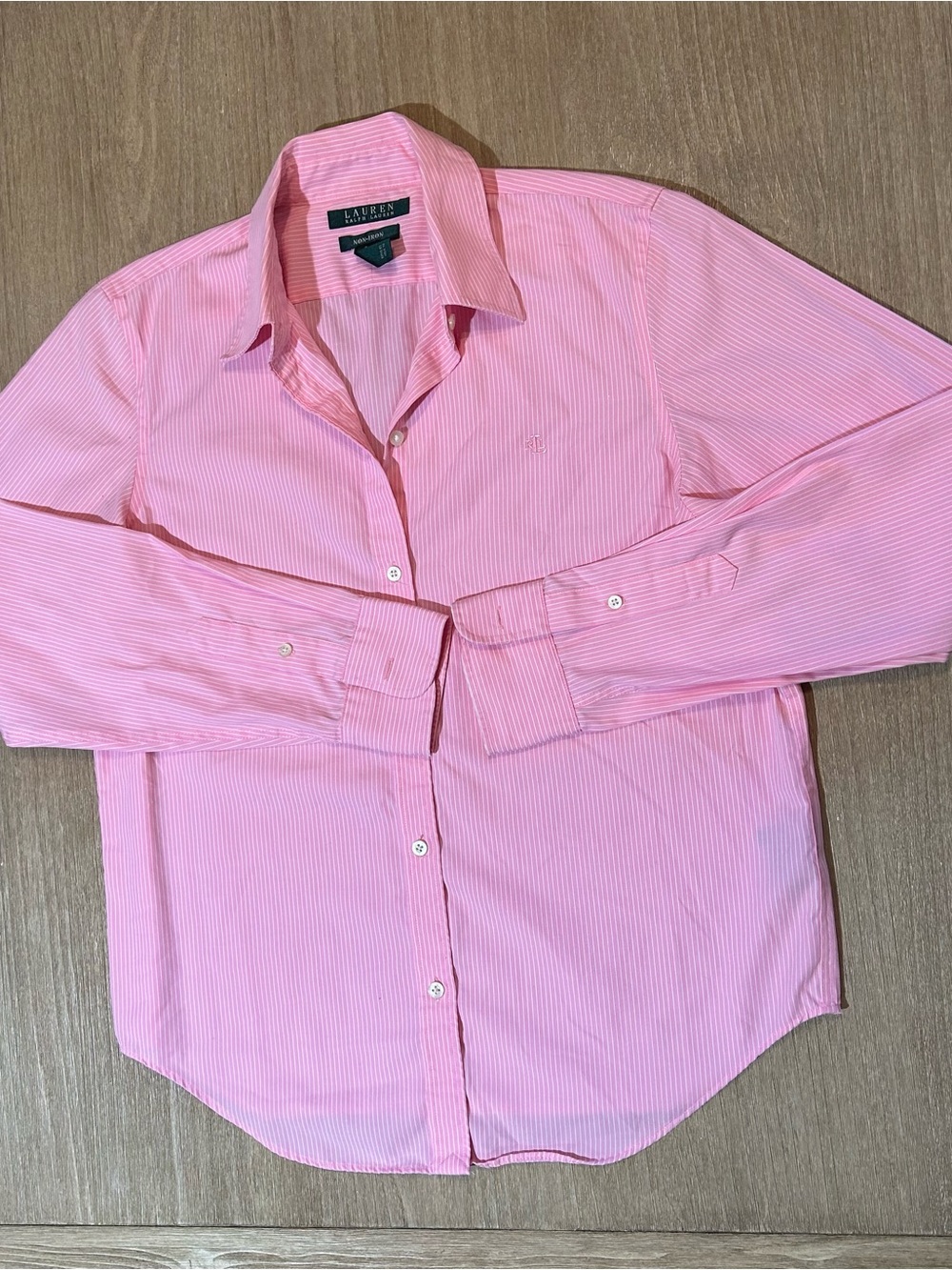 Lauren Ralph Lauren Non-Iron Pink White Pinstripe Button Down Shirt Size Small